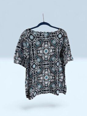 Talbots Blue, White & Black 100% Pima Cotton Short Sleeve Paisley Top Sz L